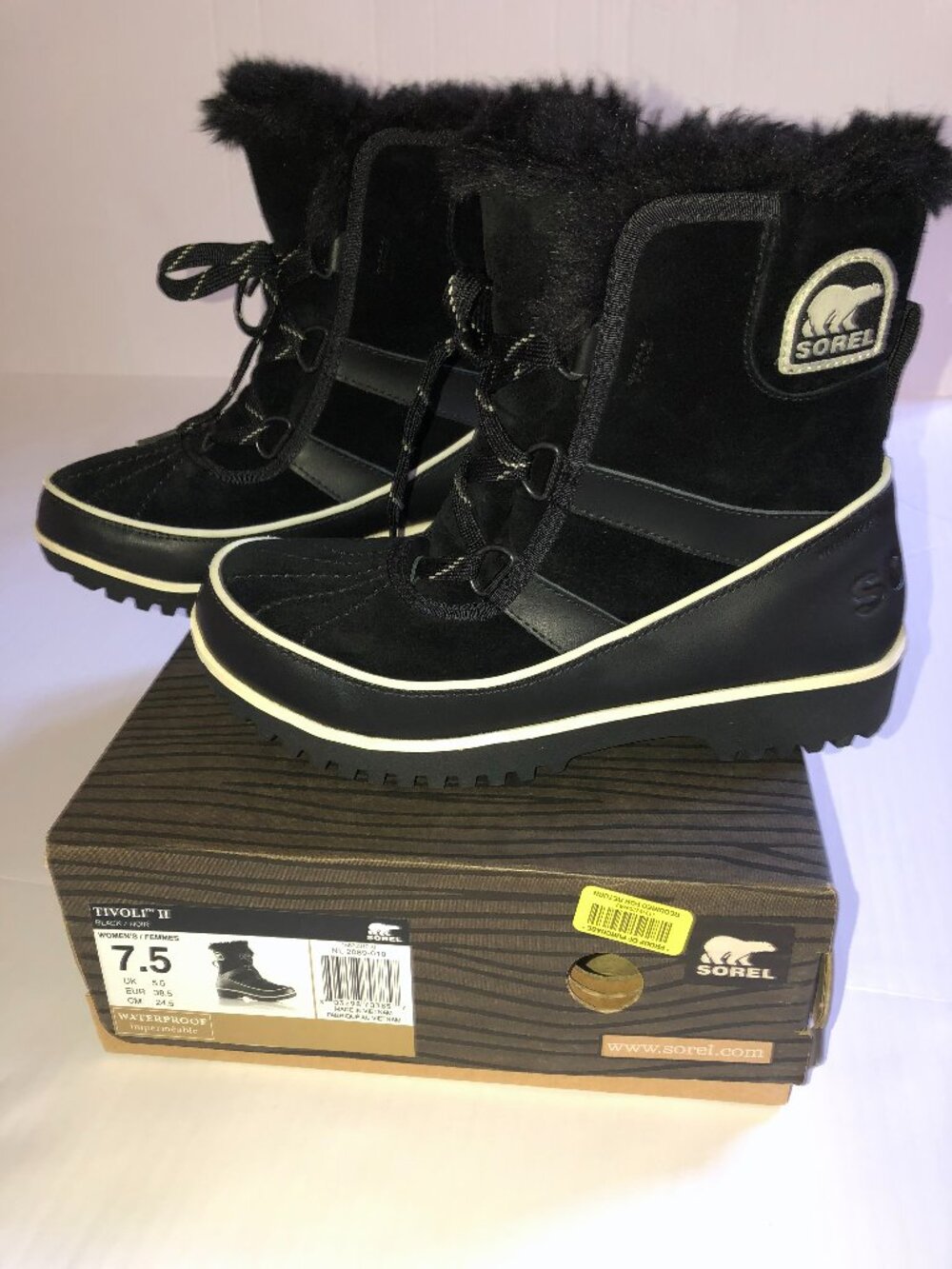 Sorel Tivoli II Waterproof Black Suede Faux Fur Winter Boots Size 7.5